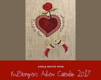 SINGLE DESIGN from fruBlomgren's Advent Calendar. Machine Embroidery Design. DIY. Sacred Heart. Rose and fantasy birds. Mexico inspired.