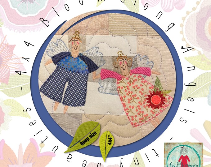 Angels - Flower angels - BLOOMalong 1 - 4x4" appliqué angels for your embroidery machine - 2 Angel designs, 2 Coasters and a large Mugrug