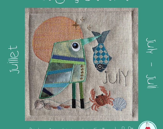 July Kingfisher Appliqué Machine Embroidery Quilt Block | Monthly Bird Design | QAYG, ITH Ornament, 5x7 and 8x8 Hoop