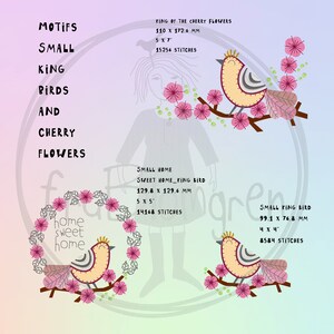 May include: Three embroidery designs featuring a small bird with a crown perched on a branch with pink cherry blossoms. The designs are titled "King of the Cherry Flowers", "Small Home Sweet Home King Bird", and "Small King Bird".