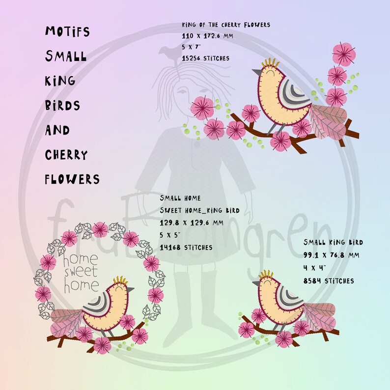 May include: Three embroidery designs featuring a small bird with a crown perched on a branch with pink cherry blossoms. The designs are titled "King of the Cherry Flowers", "Small Home Sweet Home King Bird", and "Small King Bird".