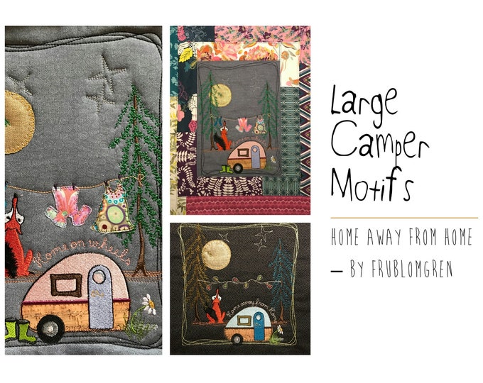 2 Large Hand drawn, detailed Camper Motifs for Outdoorsy Embellishments - Machine Embroidery Designs for hoop sizes: 8 x 8" and 8 x 10"