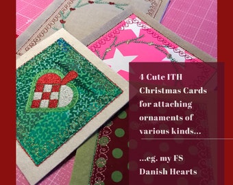 4 Cute ITH Christmas Cards - Classic Danish Style, for attaching various kinds of smaller Ornaments - eg. my Little FS Danish Hearts...