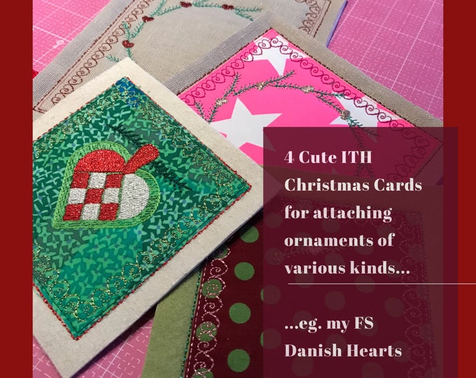 4 Cute ITH Christmas Cards - Classic Danish Style, for attaching various kinds of smaller Ornaments - eg. my Little FS Danish Hearts...