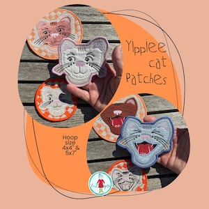 May include: Embroidered cat patches in various colors, including pink, brown, and blue. The patches feature smiling cat faces with detailed stitching. The text "Yippee cat Patches" is visible. Hoop sizes are 4x4 and 5x7 inches.