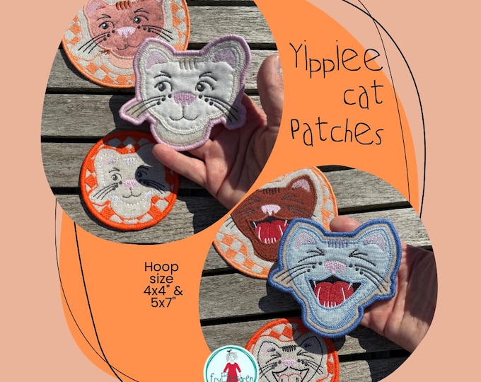 Cat Patch Appliqué Machine Embroidery Designs, Hand Drawn Whimsical Fabric Cats, 4x4 and 5x7 Hoop