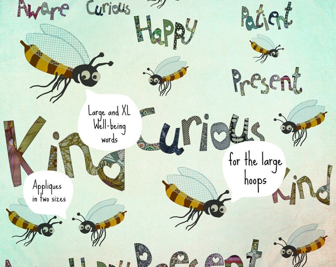 14 Large and XL Well-being designs, 6 feel-good BUZZ WORDS + 2 Cute Bees for making Colourful Textile Quotes - each word in two styles