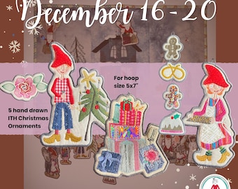 Handgezeichnete ITH-Weihnachtsornamente 16-20 | 5x7 Stickrahmen | Weihnachtsrose, Julius und Baum, Kuchen und Nissemor | Stickdateien