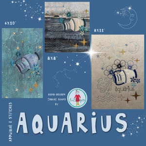 May include: A set of three embroidery patterns for the zodiac sign Aquarius. The patterns are available in three sizes: 6x10 inches, 8x8 inches, and 8x11 inches. The patterns feature a blue and white water pitcher with stars and a crescent moon.