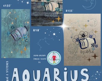 Aquarius Zodiac - Hand-drawn Machine Embroidery Designs – a mix of embroidery and appliqué - Large, detailed motifs - 3 Hoop Sizes