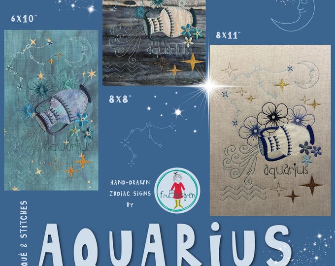 Aquarius Zodiac - Hand-drawn Machine Embroidery Designs – a mix of embroidery and appliqué - Large, detailed motifs - 3 Hoop Sizes
