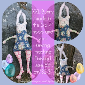 Può includere: Un giocattolo di peluche di coniglio bianco con un vestito floreale e gambe a righe rosa e bianche. Il coniglio è alto 82 cm ed è realizzato in un cerchio di 5 x 7 pollici. Il coniglio è seduto su uno sfondo grigio con un tronco d'albero dietro.