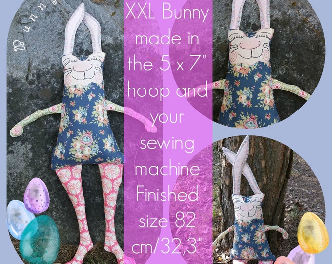 XXL Bunny ITH made in the 5 x 7"/13 x 18 cm hoop and your sewing machine - finished size 32,3"/82 cm - 4 face variants