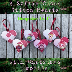 6 Softie Cross Stitch ITH Hearts with Christmas motifs - Hand drawn cross stitch machine embroidery designs with detailed Christmas motifs
