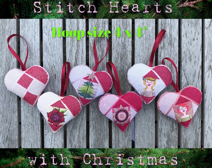 6 Softie Cross Stitch ITH Hearts with Christmas motifs - Hand drawn cross stitch machine embroidery designs with detailed Christmas motifs