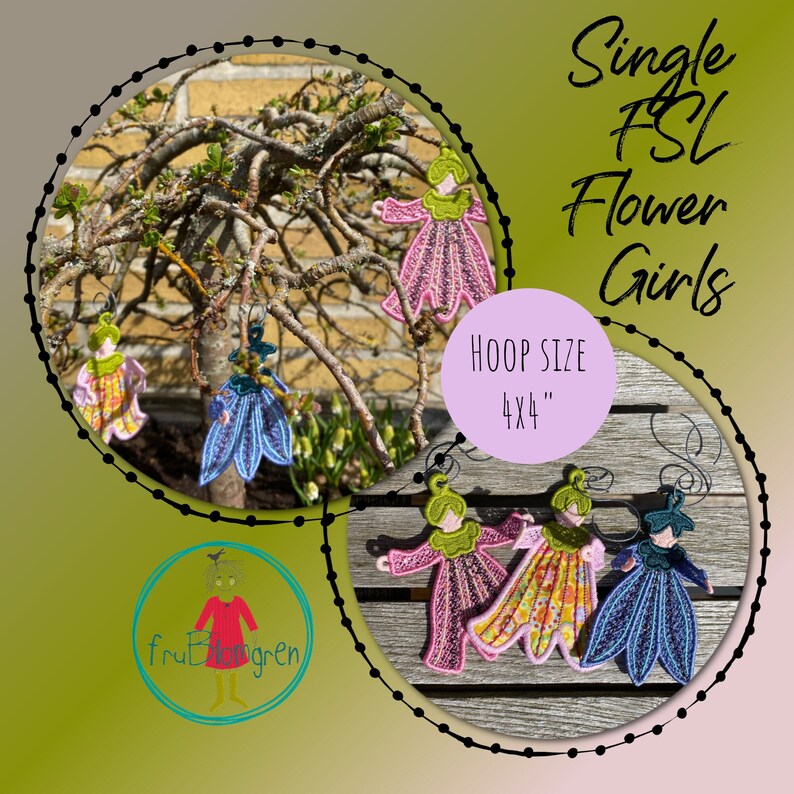 Small FSL and Appliqué Flower Girls for hoop size 4 x 4 - Hand drawn cute freestanding ornaments to make on your embroidery machine