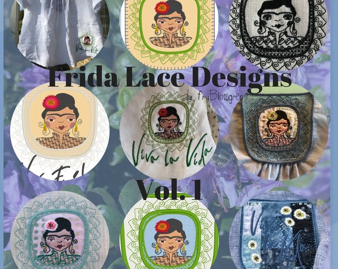 7 Cute, detailed and very versatile NEW Frida Machine Embroidery designs, Frida is framed in lace and comes in more version + ITH pockets