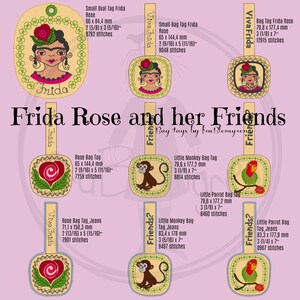 May include: A set of nine colorful embroidered bag tags featuring Frida Kahlo, a monkey, and a parrot. The tags are all different sizes and shapes, and they are all decorated with intricate embroidery. The tags are perfect for adding a touch of personality to your bags and purses.