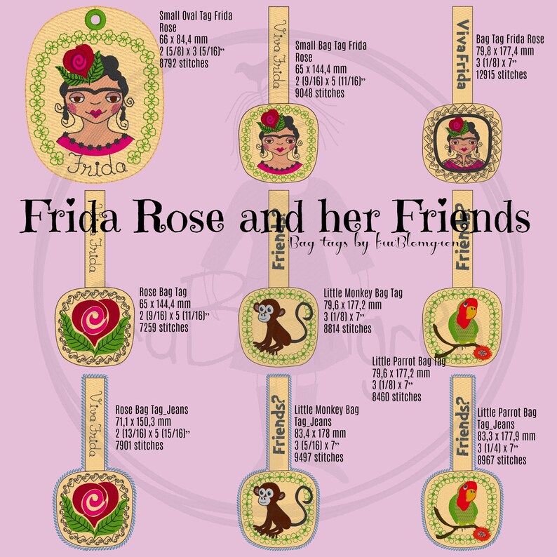 May include: A set of nine colorful embroidered bag tags featuring Frida Kahlo, a monkey, and a parrot. The tags are all different sizes and shapes, and they are all decorated with intricate embroidery. The tags are perfect for adding a touch of personality to your bags and purses.