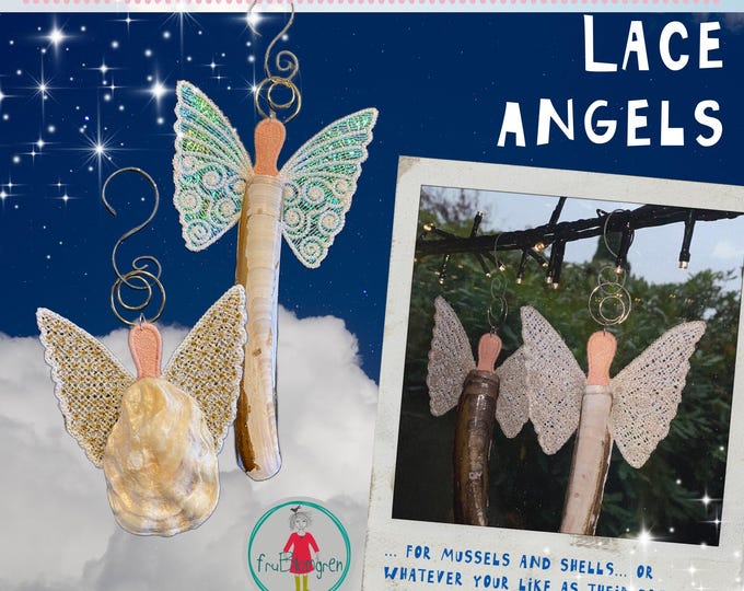 New Freestanding Lace Angel wings with embroidered heads - for mussels, shells and other imaginative dresses of your choice - four variants