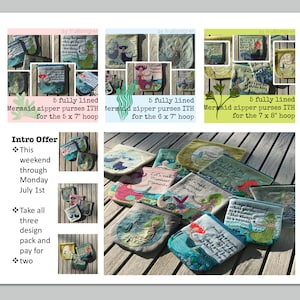 Puede incluir: Una colección de cinco monederos con cremallera de sirena completamente forrados en varios colores y diseños. Los monederos están hechos con una variedad de telas, incluyendo algodón, lino y fieltro. Cada monedero presenta un diseño de sirena diferente, incluyendo una sirena con cabello largo y fluido, una sirena con una corona y una sirena con una concha. Los monederos tienen todos aproximadamente 18 cm de diámetro. El texto "Let's make Mermaid Moments" es visible en uno de los monederos.