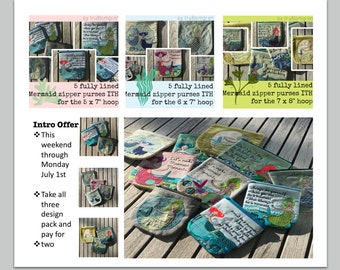 BIG BUNDLE - SAVE 33,33% - take all three design packs with my fully lined Mermaid Zipper Purses - 15 handdrawn embroidery/appliqué designs