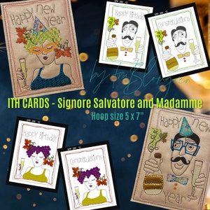 Cartões de bordado à máquina ITH para bastidor tamanho 5 x 7 com meus personagens desenhados à mão 'Signore Salvatore' e Madame - 3 variantes de cada