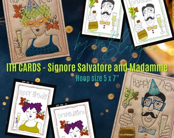 ITH Machine Embroidery Cards for hoop size 5 x 7 with my hand drawn characters 'Signore Salvatore' and Madamme - 3 variants of each