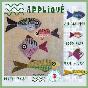 Appliqué Fish Machine Embroidery Design Pack, Mediterranean Coastal Fish, 4 Single Fish and 7x8 Motif
