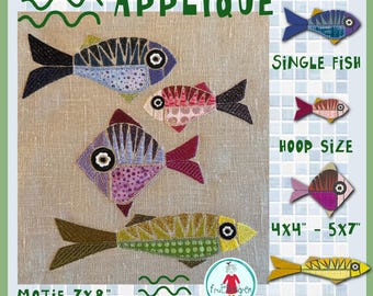 Appliqué Fish Machine Embroidery Design Pack, Mediterranean Coastal Fish, 4 Single Fish and 7x8 Motif