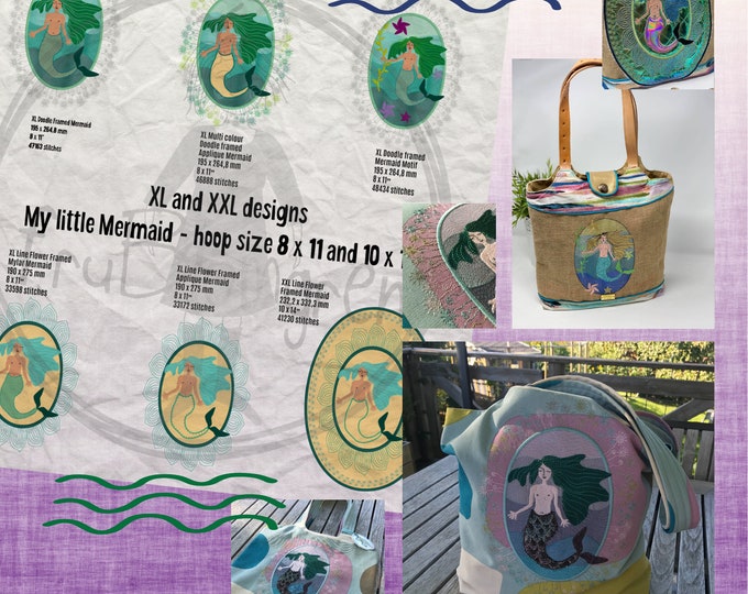 My Little Mermaid - XLarge designs - Design pack with 6 awesome, hand drawn Mermaid and Fish designs for the 8 x 11" - 20 x 28 cm hoop size