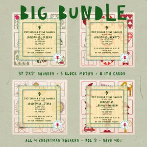 Könnte beinhalten: Ein Paket mit vier weihnachtlichen Stickdesign-Paketen. Jedes Paket enthält 5 x 5 cm Sashiko-Quadrate mit verschiedenen Feiertagsmotiven. Das Bild enthält Text mit der Aufschrift "Big Bundle" und "All 4 Christmas Squares - Vol 2 - Save 40%."