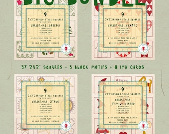 BIG Christmas Bundle VOL 2 – 2x2” Sashiko Style Squares – 4 Design Packs – 40% Off*) – Machine Embroidery