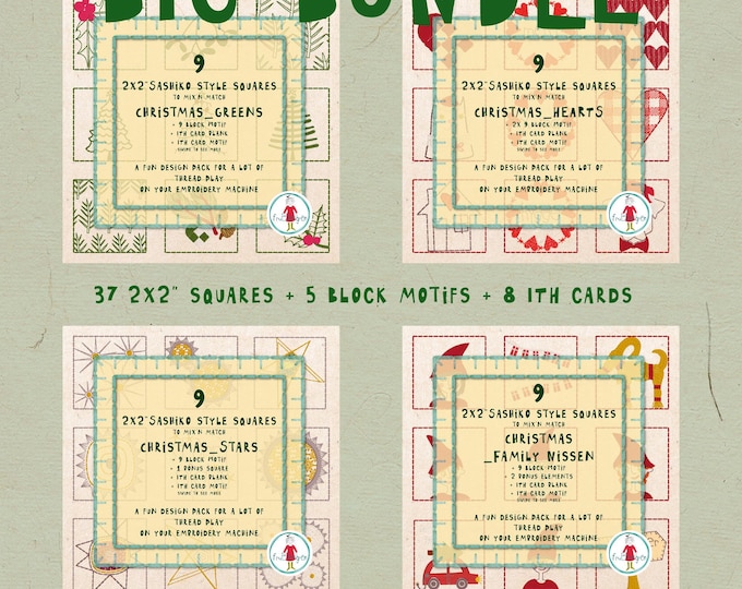 BIG Christmas Bundle VOL 2 – 2x2” Sashiko Style Squares – 4 Design Packs – 40% Off*) – Machine Embroidery