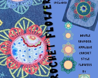 Appliqué Crochet Flowers to make on your embroidery machine - 4 sizes + a special one + an ITH pocket + a colourful border