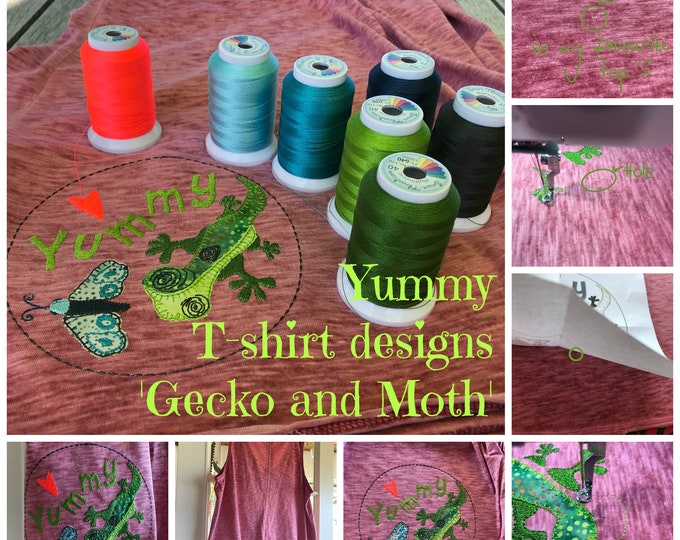 2 YUMMY T-shirt machine embroidery/appliqué designs with a little cute Gecko and a friendly Moth, 2 sizes, Instant download