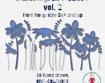 FruBlomgren Meadow Vol. 2 | One Colour Embroidery Designs | Floral Motifs | Minimalist Stitch | Hand drawn Machine Embroidery