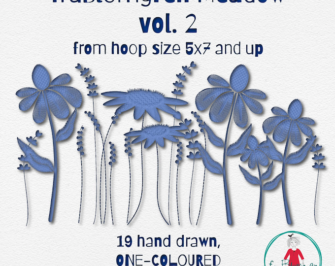 FruBlomgren Meadow Vol. 2 | One Colour Embroidery Designs | Floral Motifs | Minimalist Stitch | Hand drawn Machine Embroidery