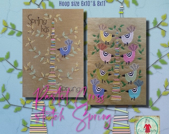 Pastel Cross stitch Birch trees to make on your embroidery machine - with and with out birds - for larger hoop sizes