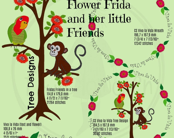4 Cute and detailed motifs of little Parrot and Monkey in a blooming tree, Hand drawn, Unique and Versatile machine embroidery designs