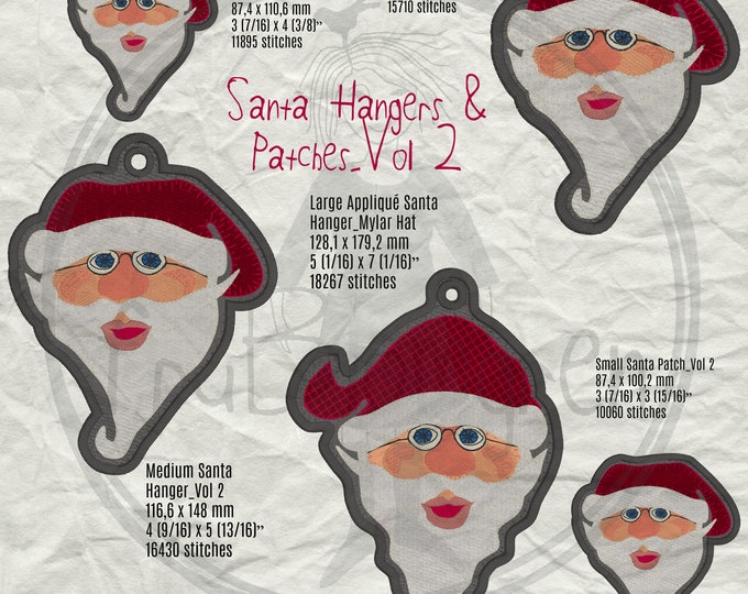 Vol. 2 SANTA HANGERS and PATCHES, 5 cute, Freestanding Santa Machine embroidery designs, for your tree... and Santa patches for Christmas
