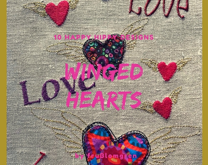 WINGED HEARTS - 12 appliqué designs - motifs in 4 sizes + winged applique hearts in 6 sizes - mix and match