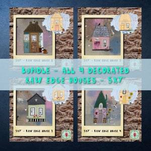 May include: A bundle of four 5x7 inch raw edge house embroidery patterns. Each pattern features a different house design with unique details and colors. The patterns are perfect for adding a touch of charm to your home decor.