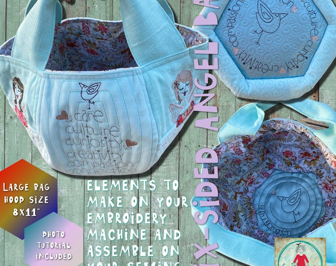 Quilted Bag elements for making a large sized cute ANGEL bag on your embroidery machine and sewing machine 6 different sides & 2 bottoms