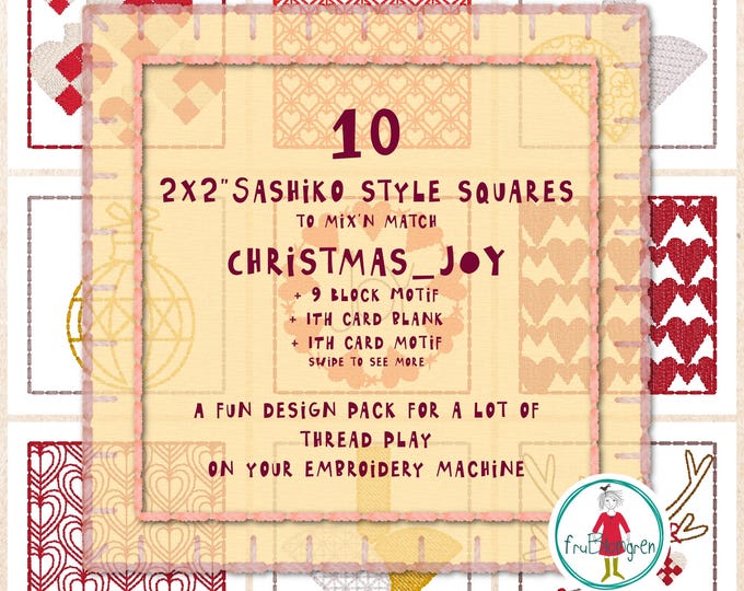2x2” Christmas Sashiko Style Squares – JOY – Hand drawn Machine Embroidery Designs – 2 ITH Cards Included