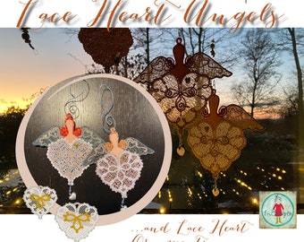 4x4" Freestanding Lace Heart Angels and Heart Ornaments to make on your embroidery machine - 4 delicate Hand drawn designs for hoop 10x10 cm