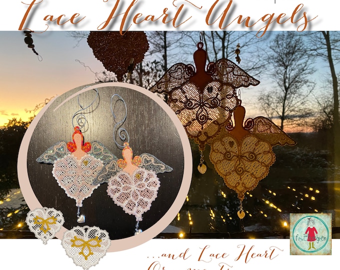 4x4" Freestanding Lace Heart Angels and Heart Ornaments to make on your embroidery machine - 4 delicate Hand drawn designs for hoop 10x10 cm