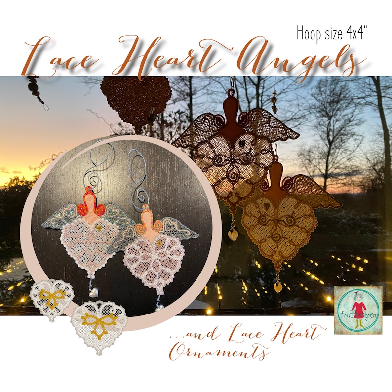 4x4" Freestanding Lace Heart Angels and Heart Ornaments to make on your embroidery machine - 4 delicate Hand drawn designs for hoop 10x10 cm