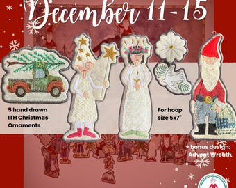 Hand-Drawn ITH Christmas Ornaments 11-15 | 5x7 Hoop | Christmas truck, Star Boy, Lucia, Star and Dove, Santa | Machine Embroidery Files