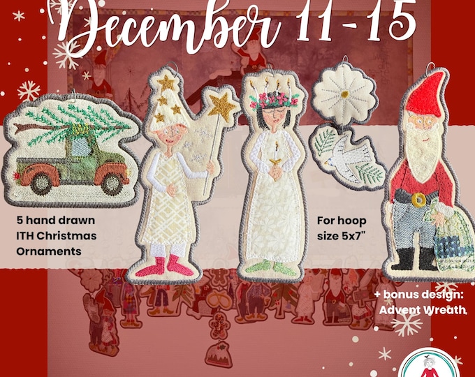 Hand-Drawn ITH Christmas Ornaments 11-15 | 5x7 Hoop | Christmas truck, Star Boy, Lucia, Star and Dove, Santa | Machine Embroidery Files